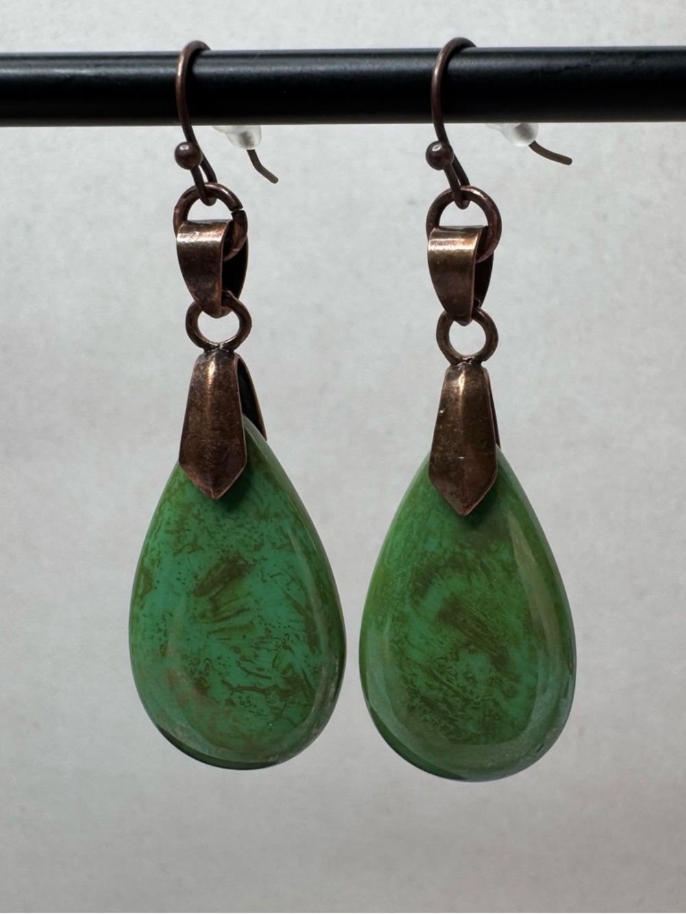 Hand Crafted Czech Glass Teardrop Dangle Earrings Green Brass 2.25” NWT